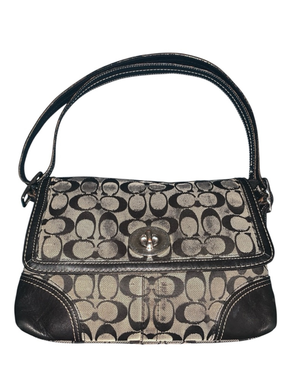 Coach Black & Khaki Signature Canvas Turnlock Shoulder Bag vintage
